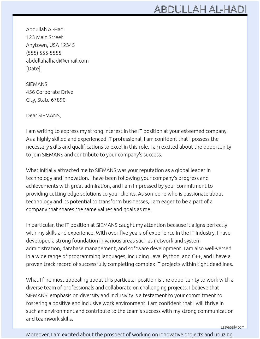 IT At SIEMANS Cover Letter