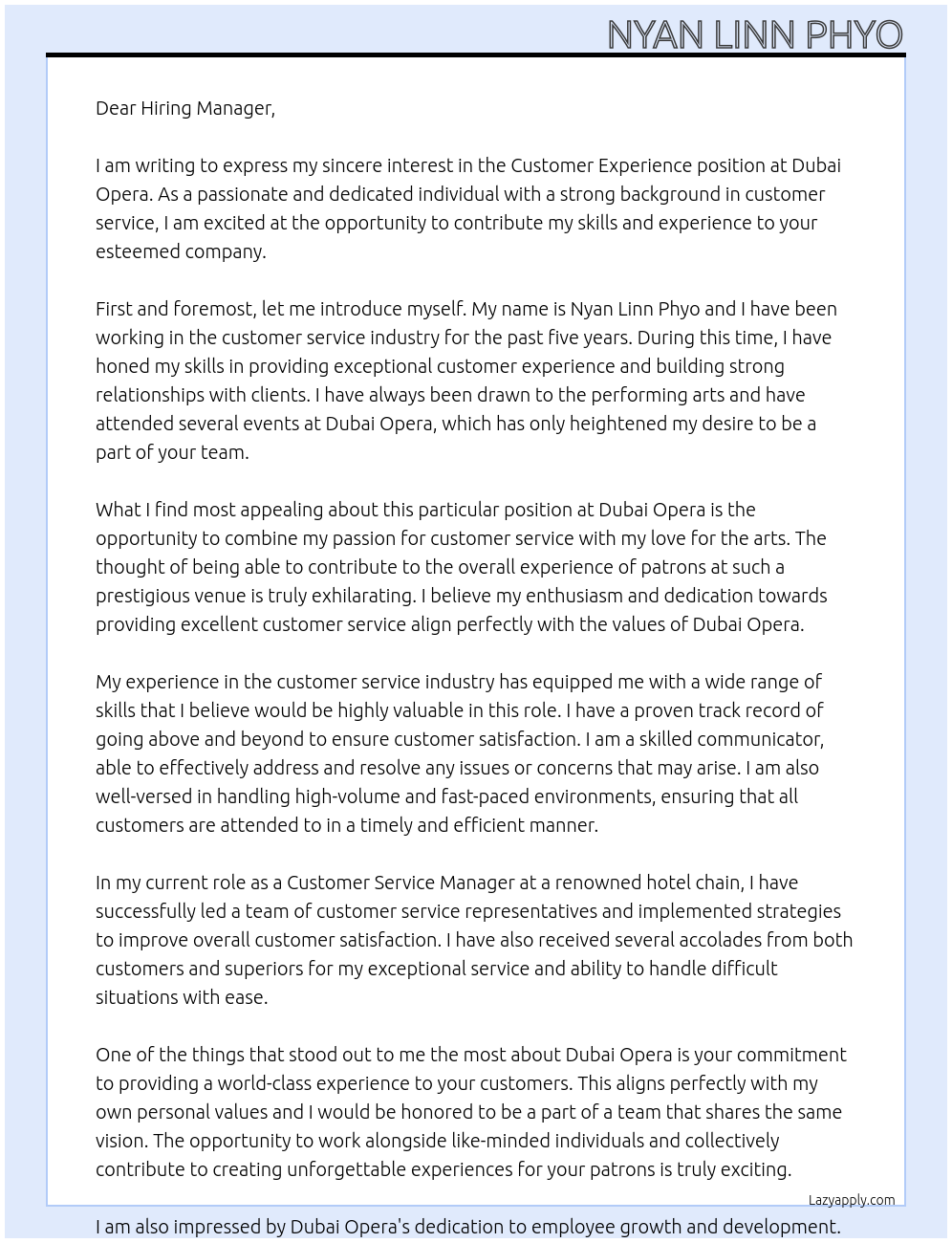 Customer Experience At Dubai Opera Cover Letter