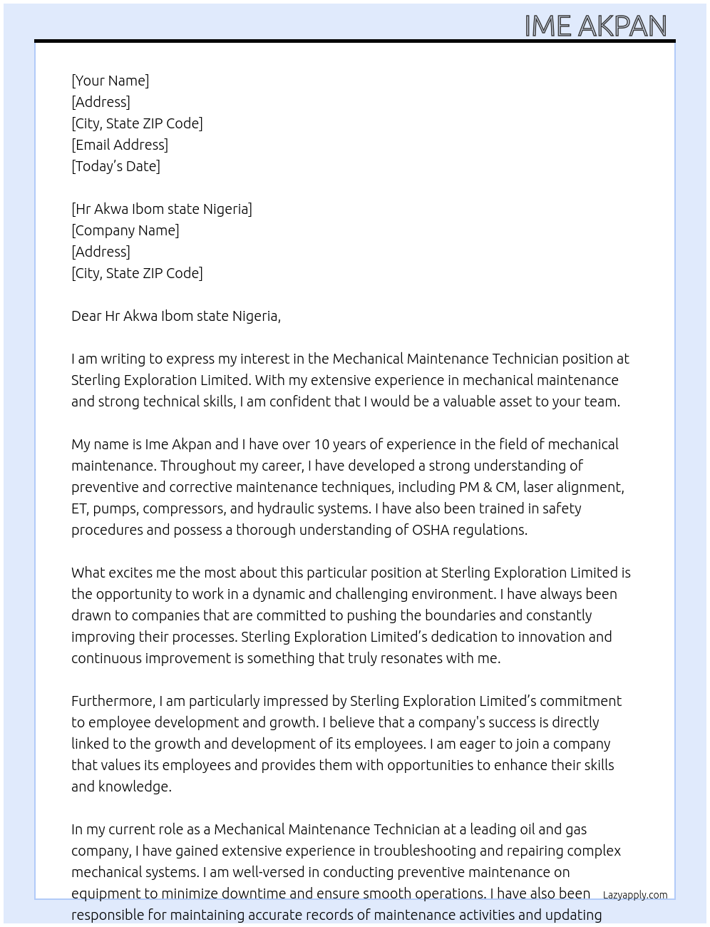 Mechanical maintenance Technician  At Sterling Exploration limited  Cover Letter