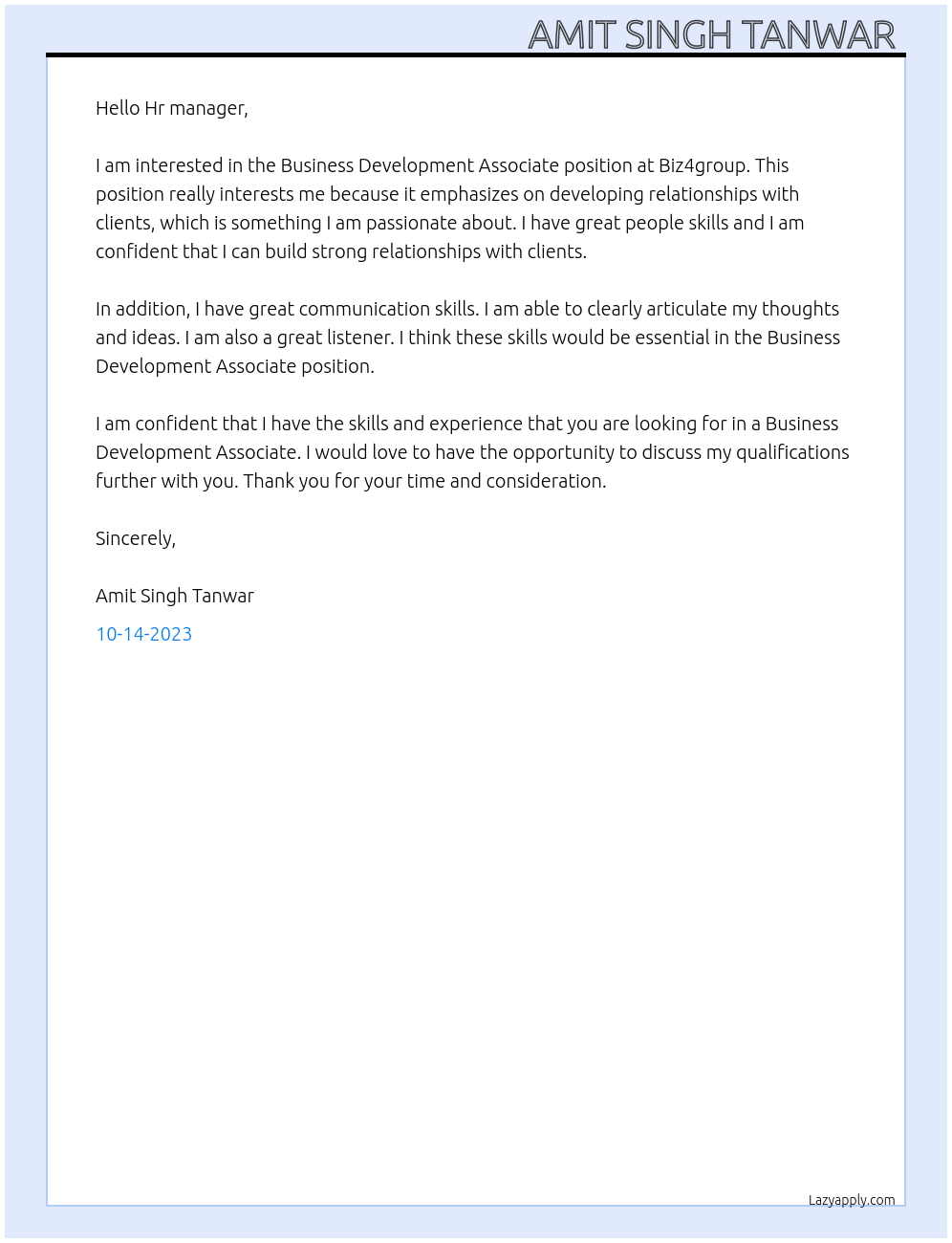 Business Development Associate At Biz4group Cover Letter