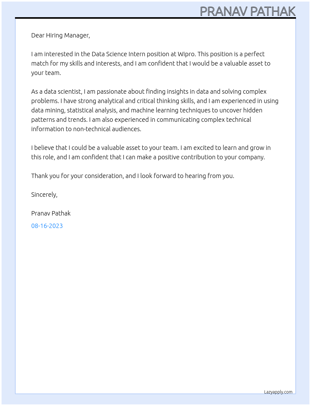 Data Science Intern At Wipro Cover Letter
