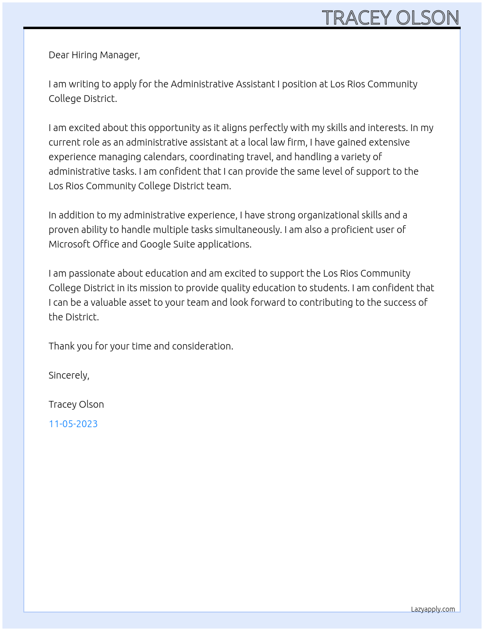 Administrative Assistant I At Los Rios Community College District Cover Letter