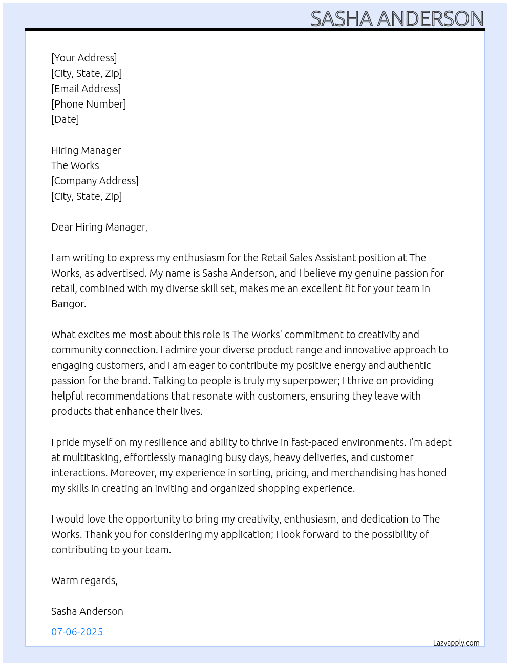 Cover letter for retail sales assistant - LazyApply