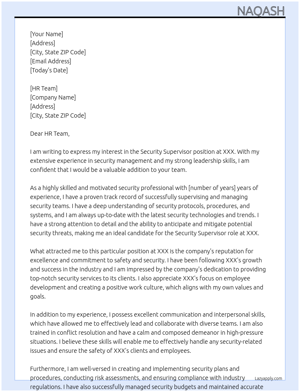 Security Supervisor  At XXX Cover Letter