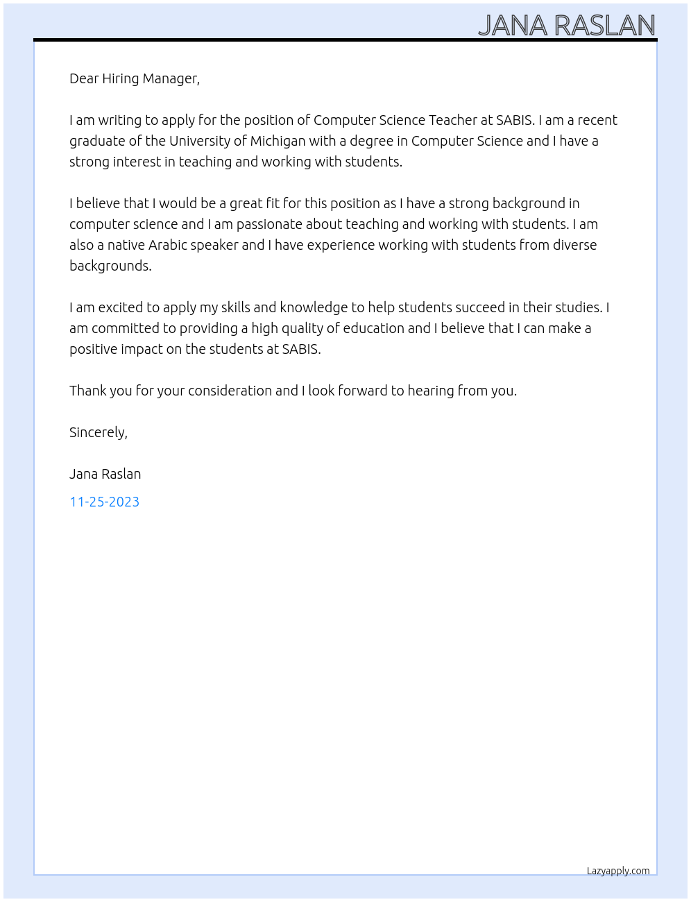 Computer Science Teacher At SABIS Cover Letter