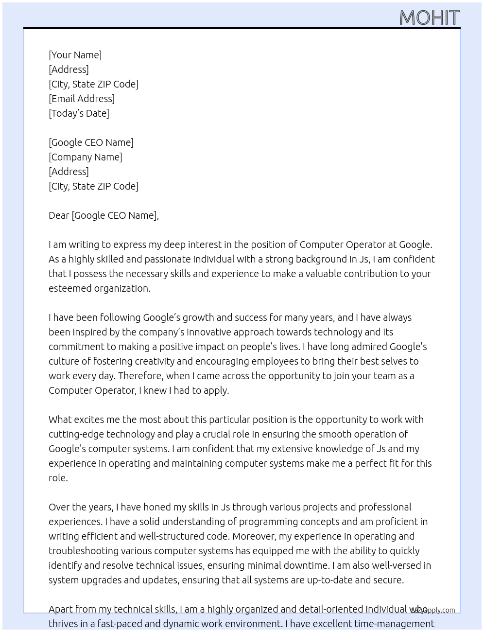 Computer Operator At Google ceo Cover Letter