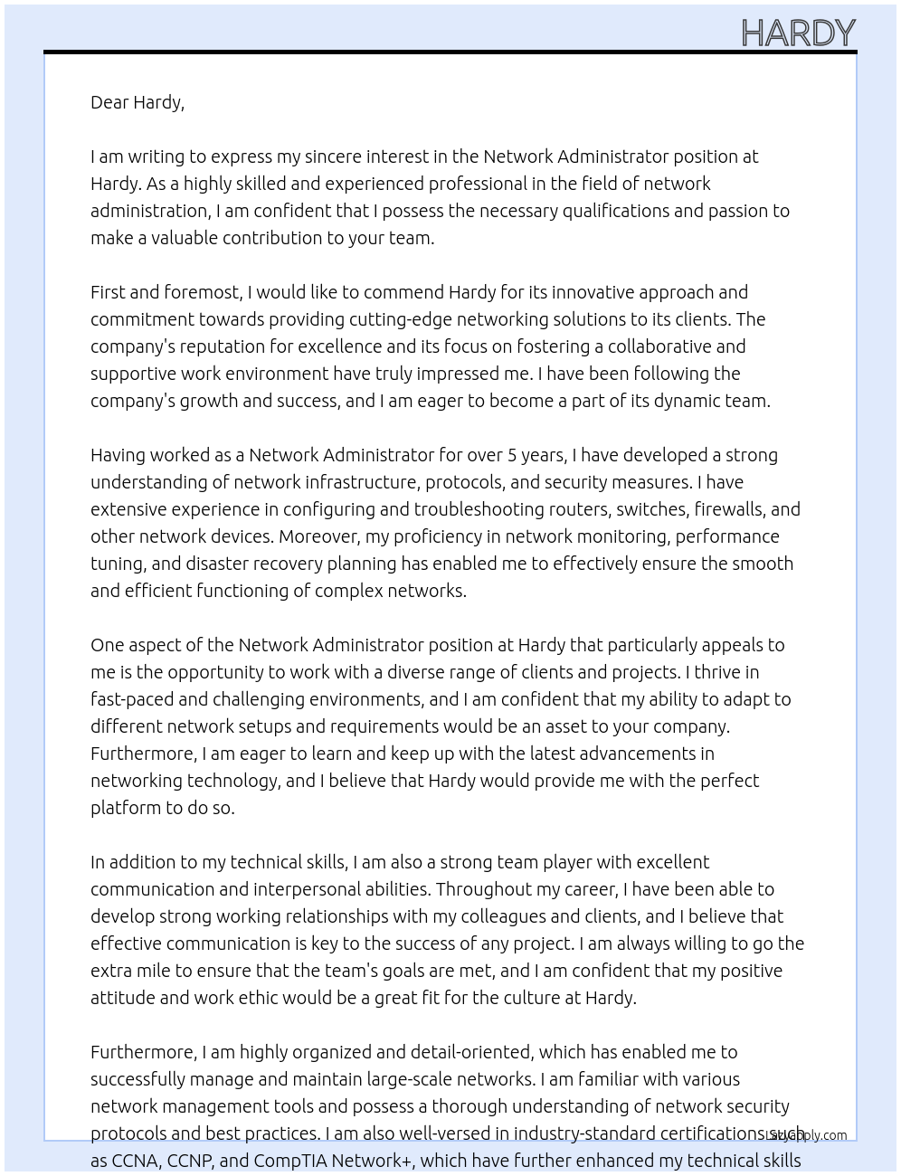 Network Administrator At Hardy Cover Letter