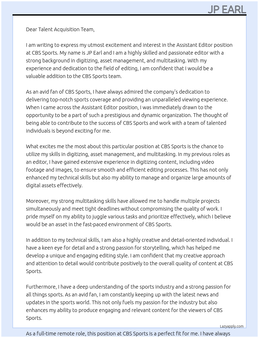 Assistant Editor At CBS Sports Cover Letter