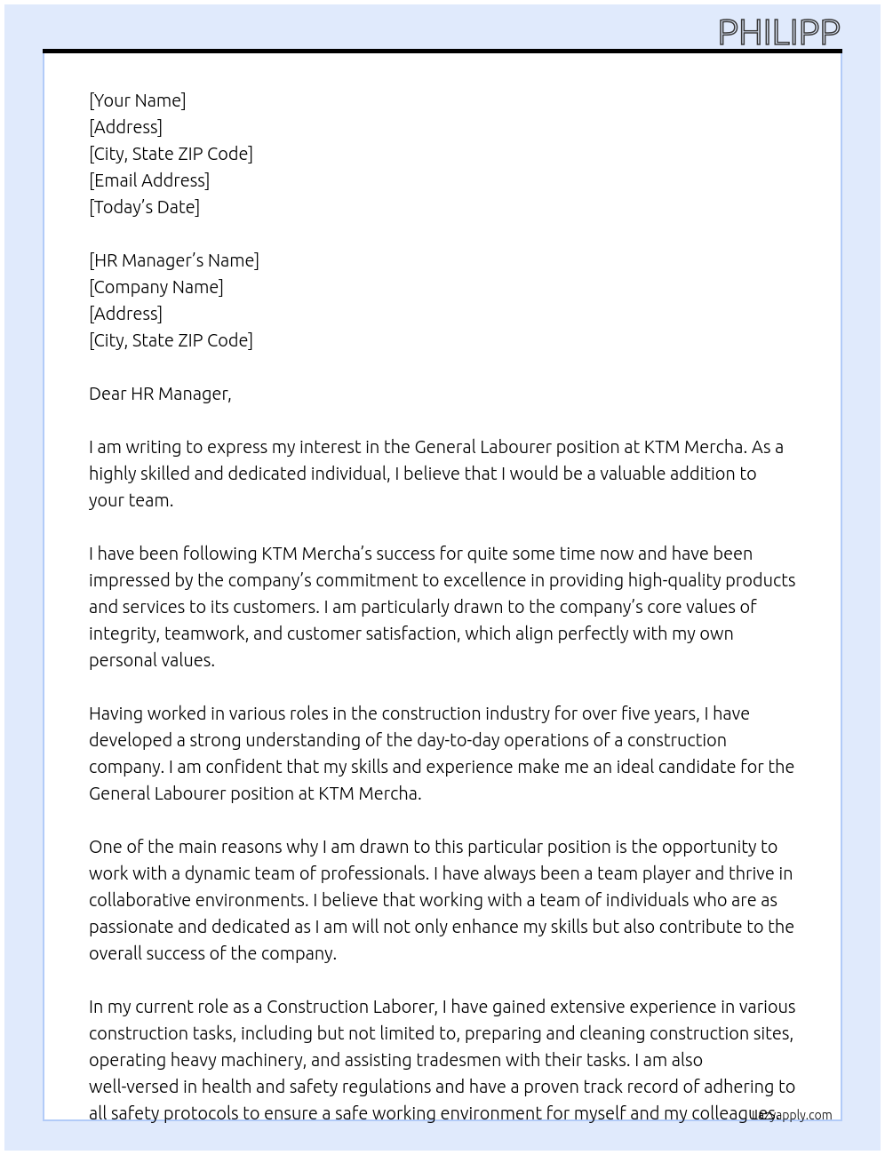 General Labourer At KTM Mercha Cover Letter