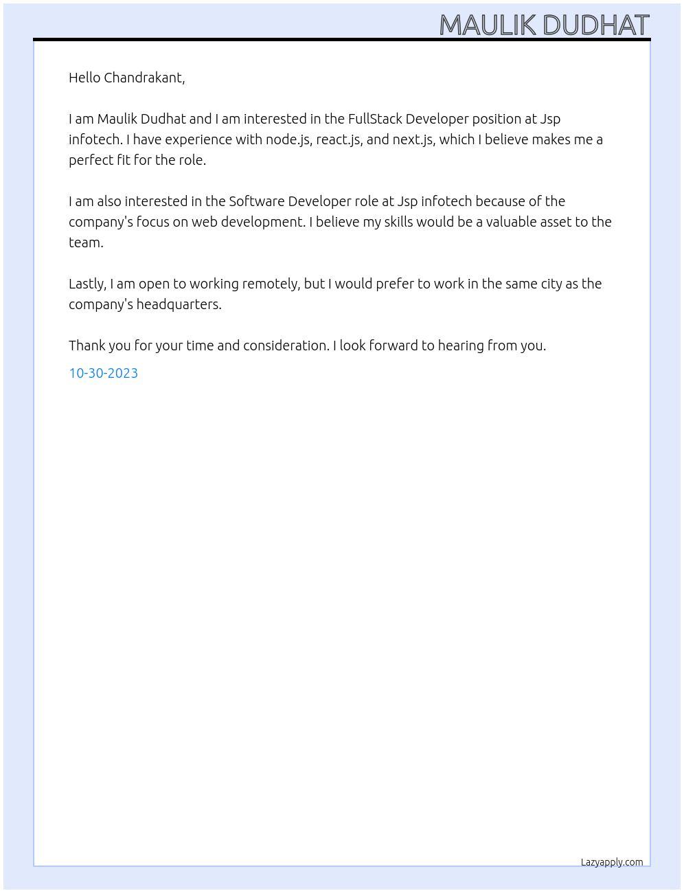 FullStack Developer At Jsp infotech Cover Letter
