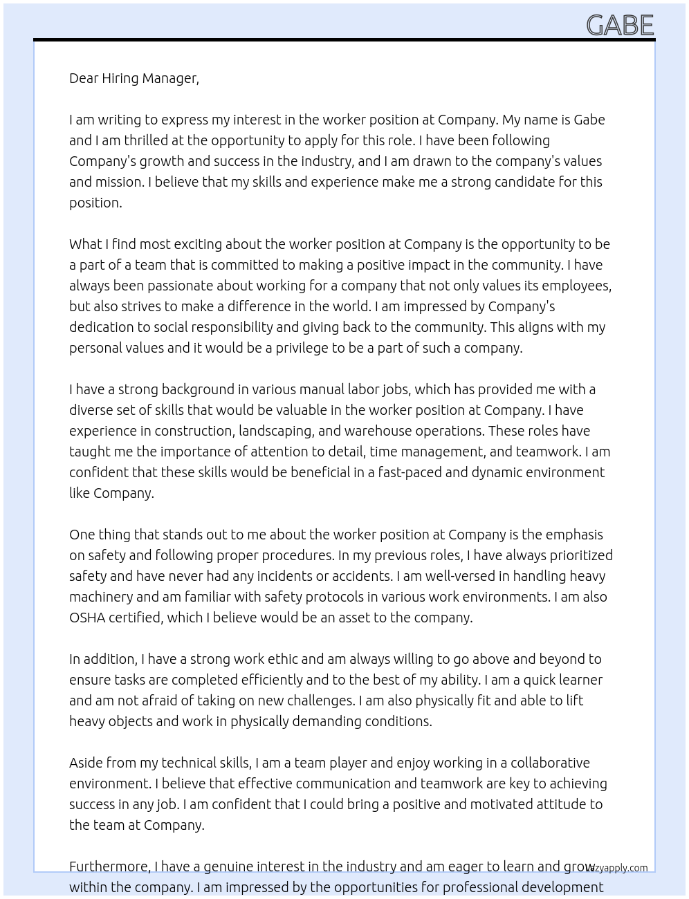 worker At Company Cover Letter