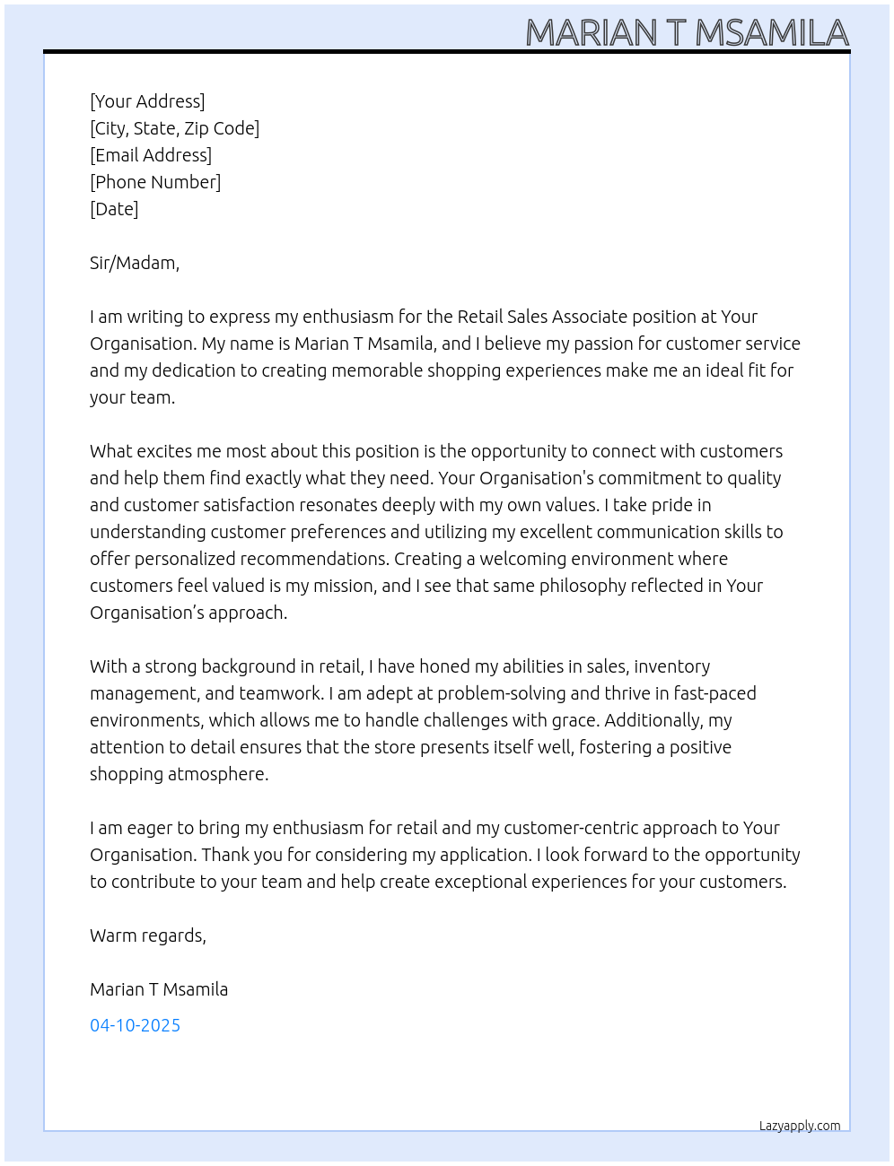 Retail Sales Associate At Your Organisation  Cover Letter