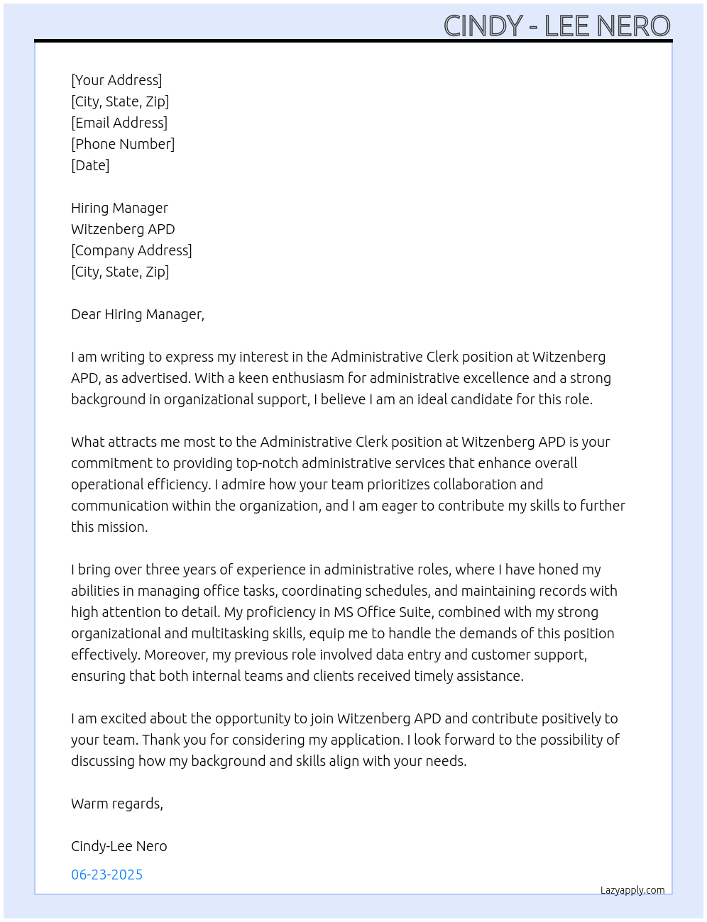 Cover letter for administrative clerk - LazyApply