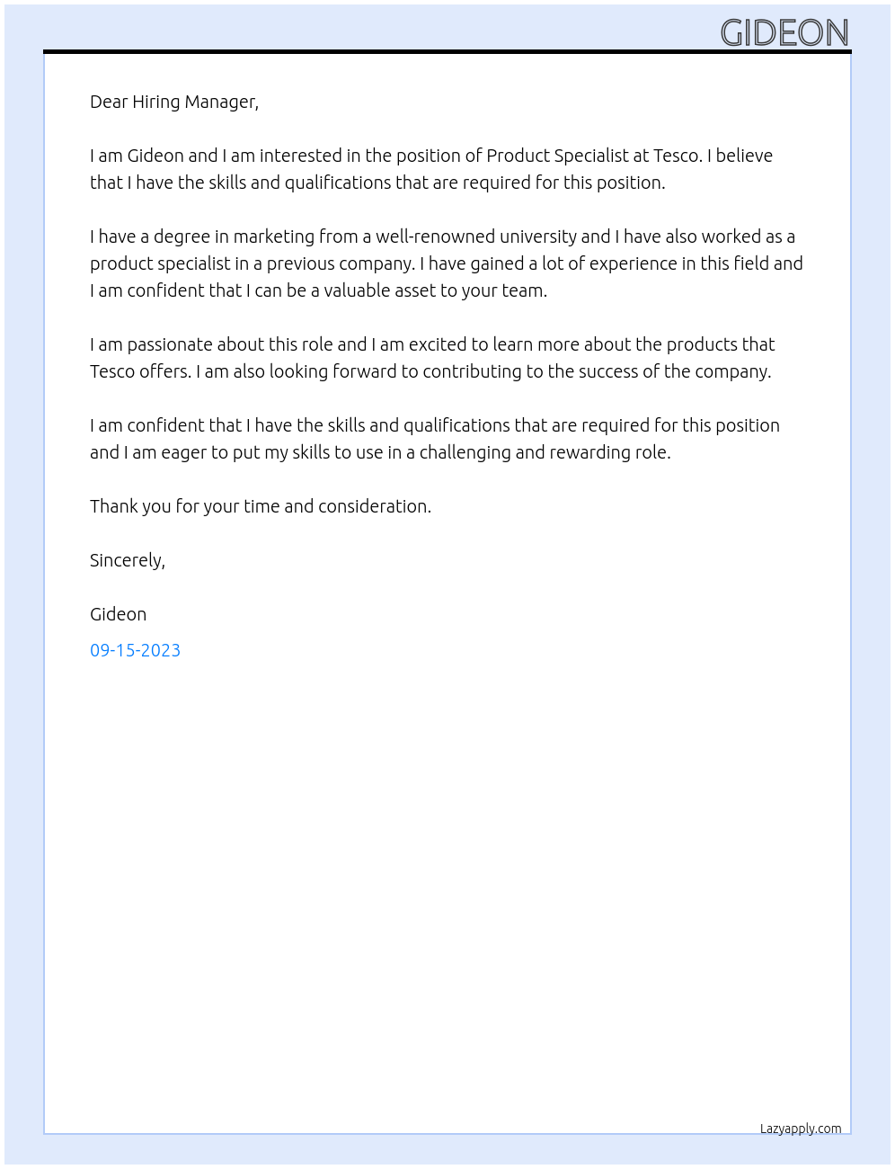 Product specialist At Tesco Cover Letter