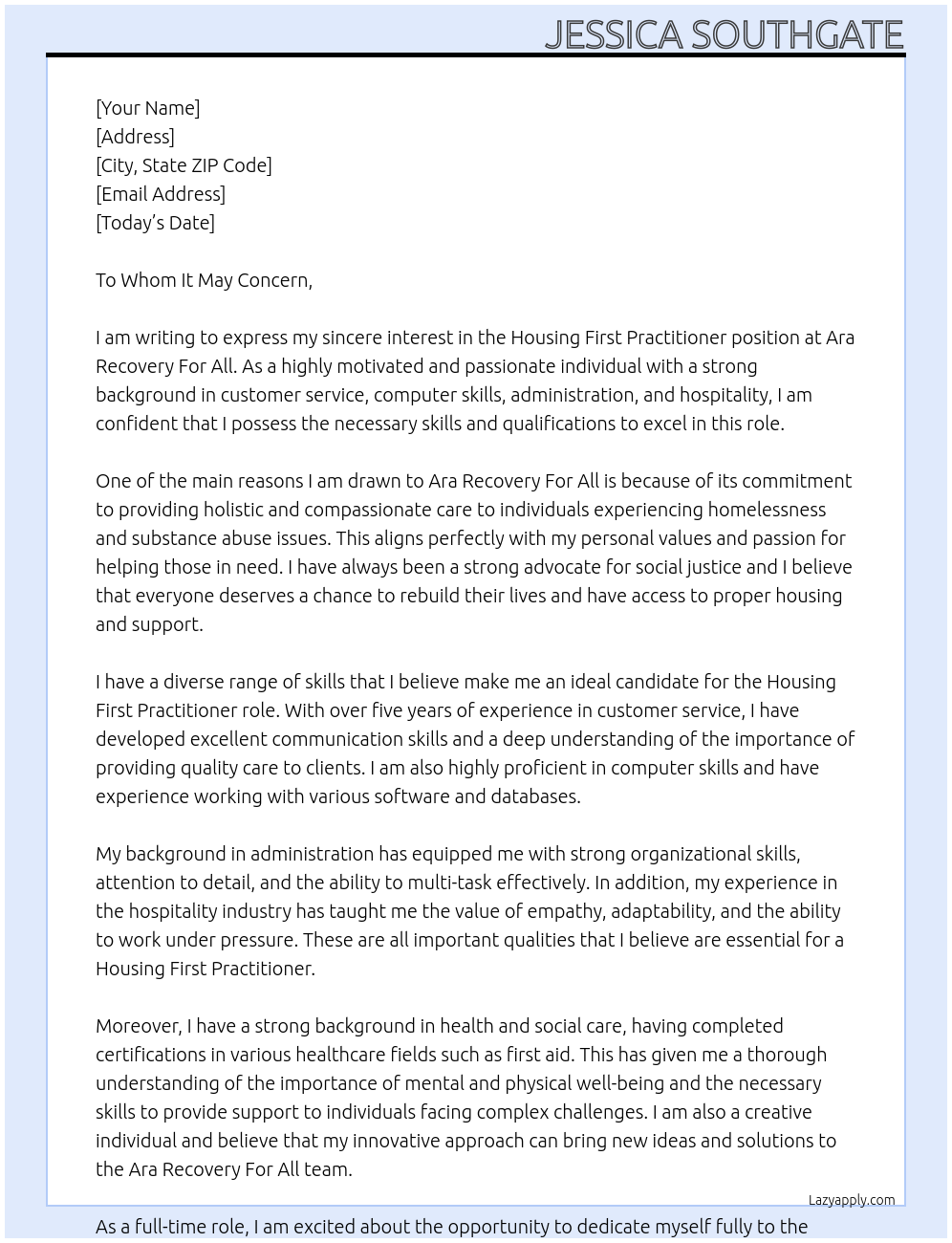 Housing First Practitioner At Ara Recovery For All Cover Letter