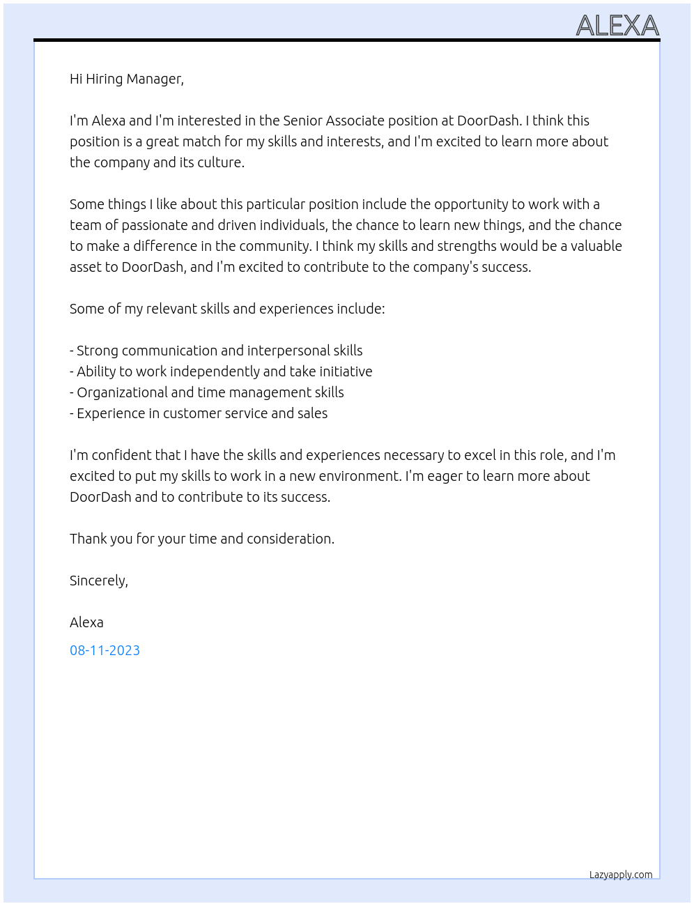 Senior Associate At DoorDash Cover Letter