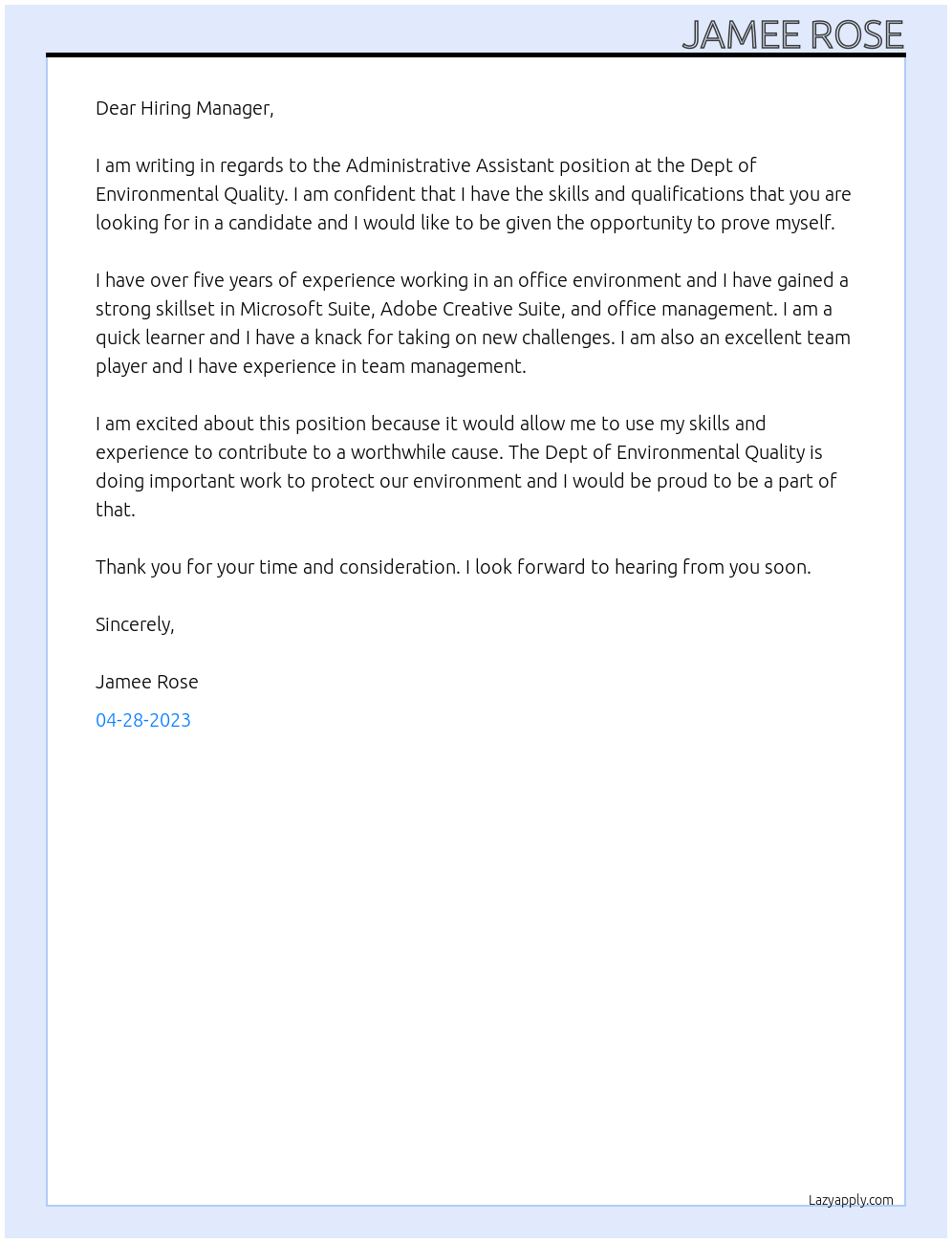 Adminstrative Assistant At Dept of Environmental Quality Cover Letter