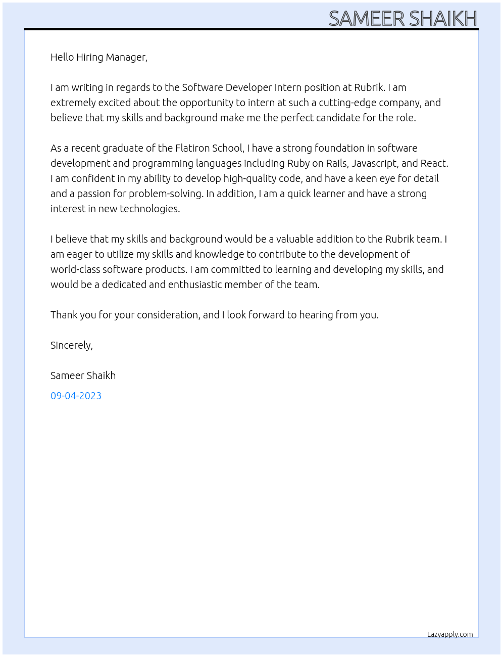Software Developer Intern At Rubrik Cover Letter