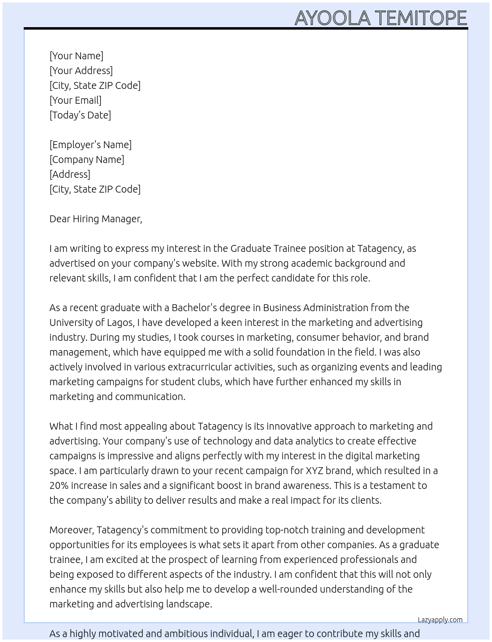 Graduate trainee position  At Tatagency Cover Letter