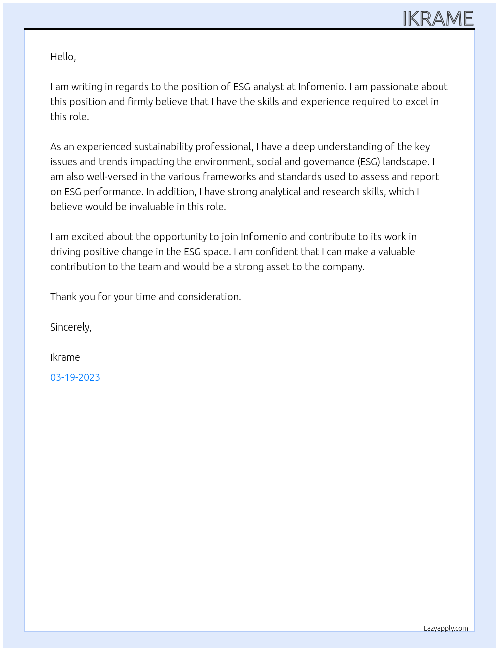 esg analyst At Infomenio Cover Letter