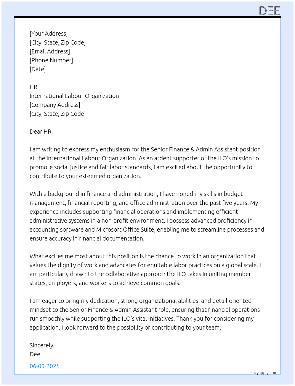 Cover letter for senior finance & admin assistant - LazyApply
