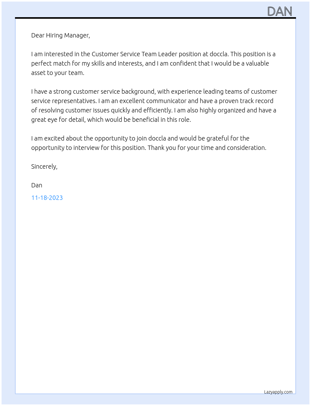 Customer Service Team Leader At doccla Cover Letter