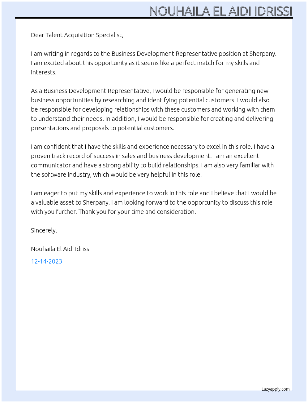Business Development Representative At Sherpany Cover Letter