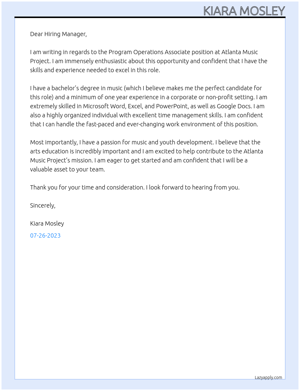Program Operations Associate  At Atlanta Music Project  Cover Letter