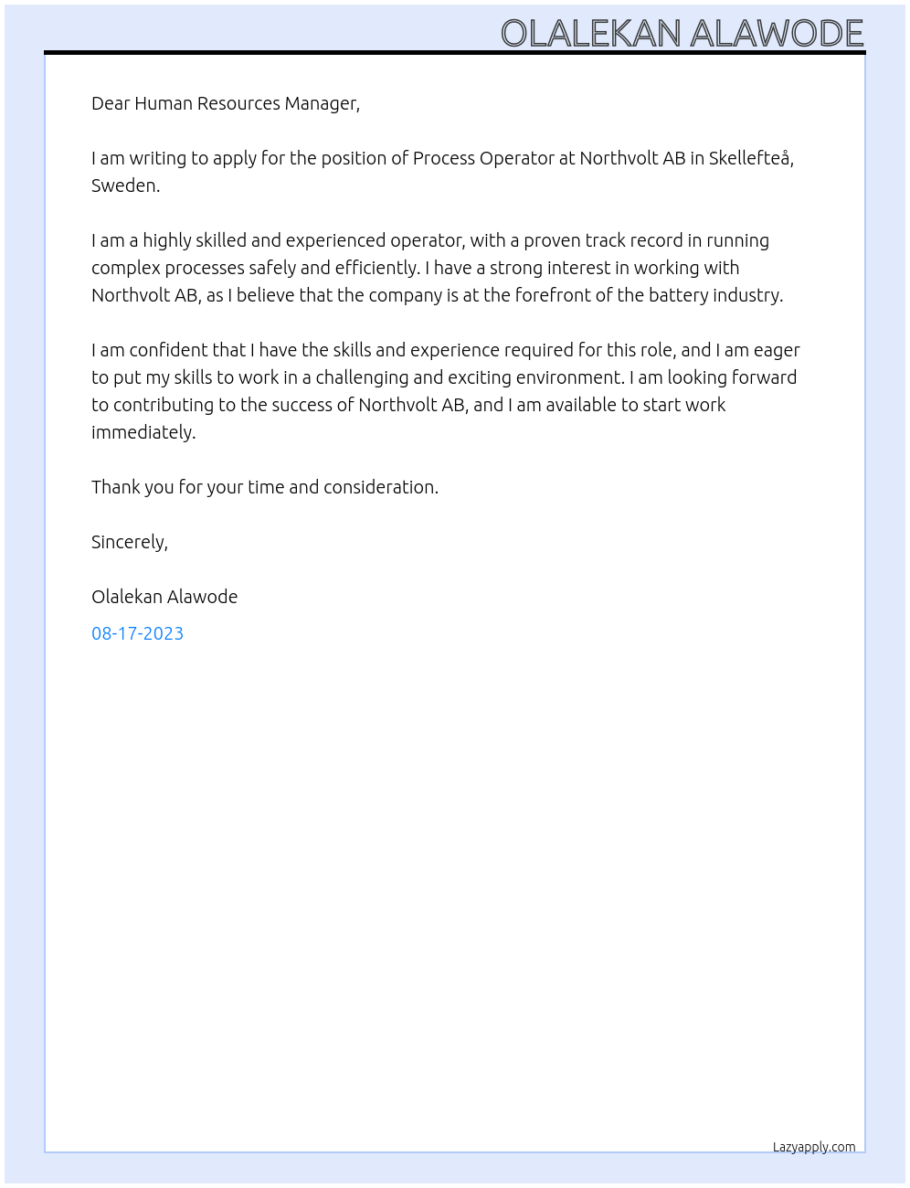 Process operator At Northvolt AB, Skellefteå, Sweden Cover Letter