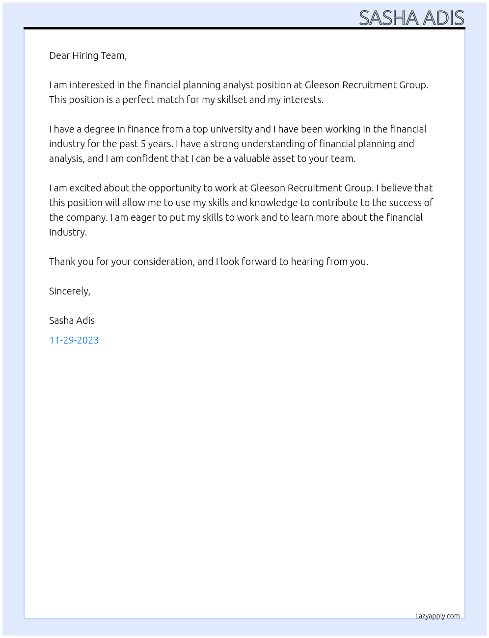 financial planning analyst At gleeson recruitment group Cover Letter