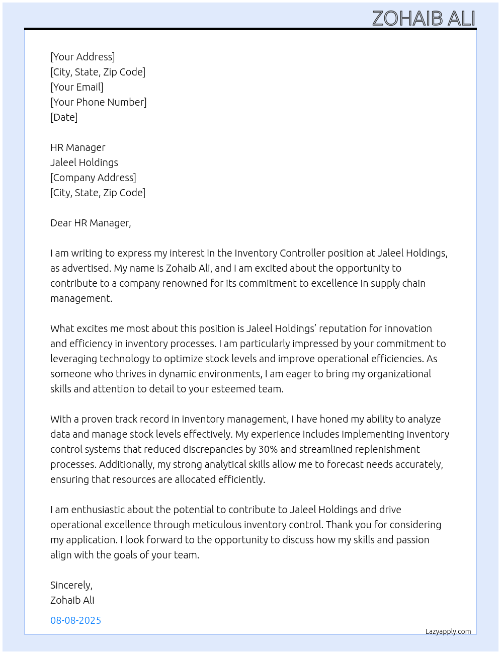 Inventory controller At Jaleel holdings Cover Letter