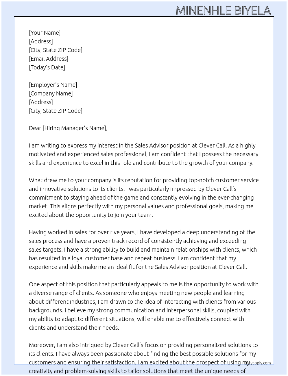 Sales advisor At Clever call Cover Letter