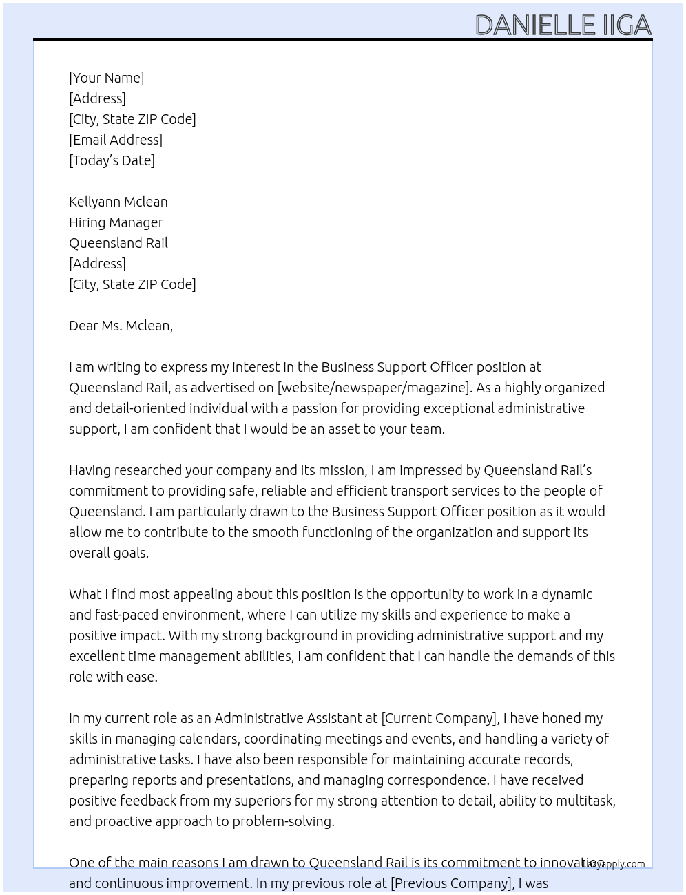 Business Support Officer At Queensland Rail Cover Letter