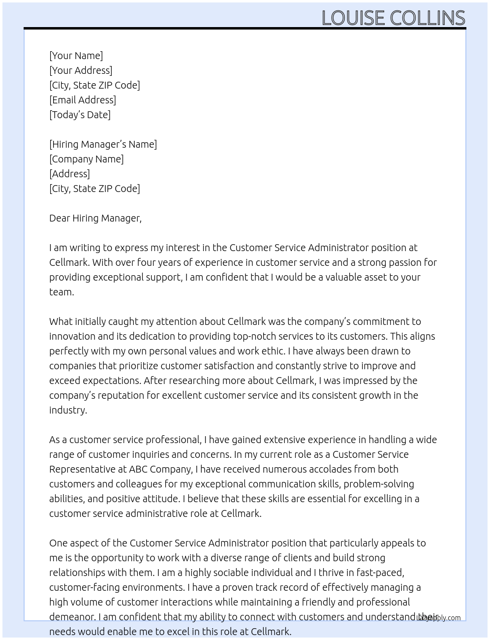 Customer service administrator  At Cellmark Cover Letter