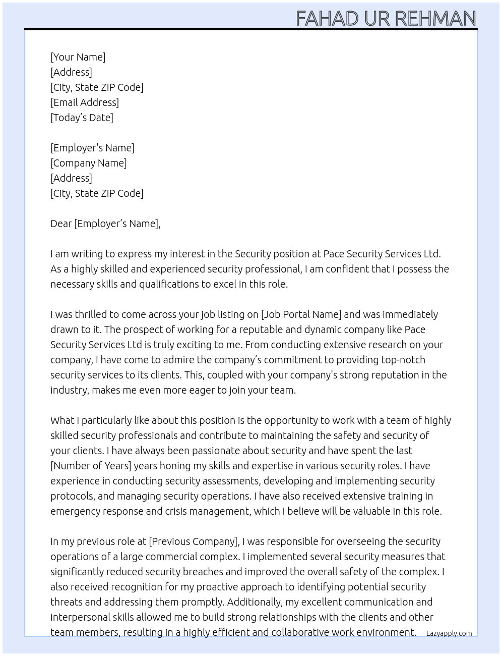 Security At Pace Security Seevices ltd Cover Letter