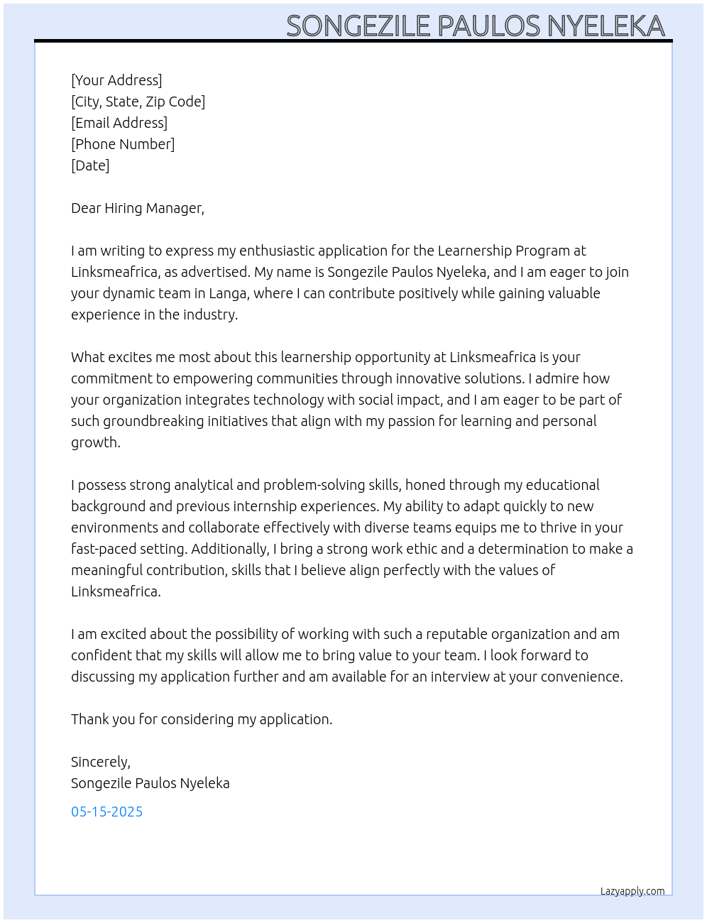 Learnership program  At Linksmeafrica Cover Letter