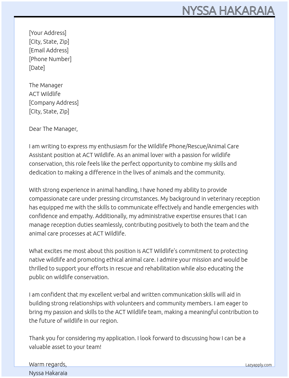 Cover letter for wildlife phone/ rescue/ animal care assistant - LazyApply