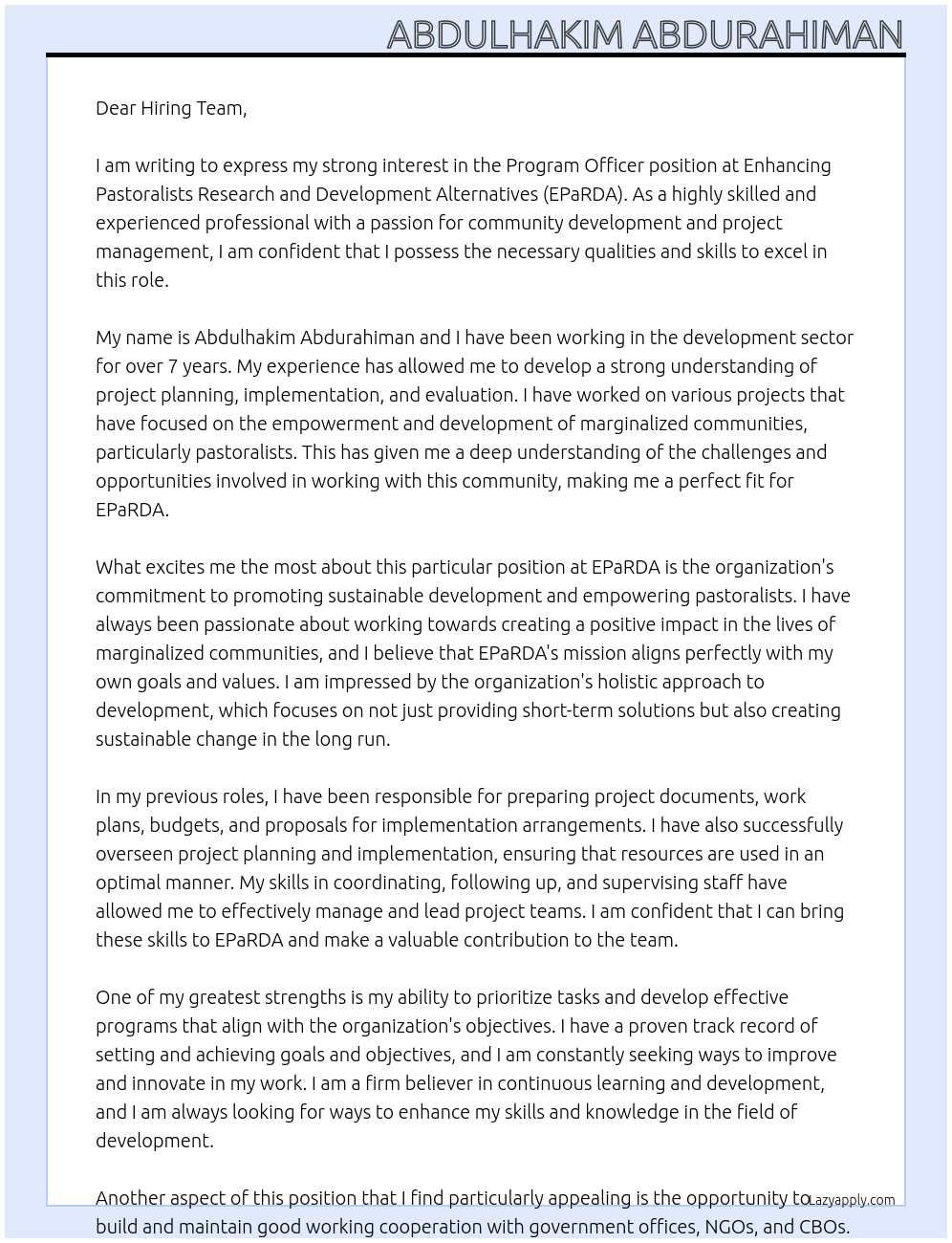 Program Officer At Enhancing Pastoralists Research and Development Alternatives (EPaRDA) Cover Letter