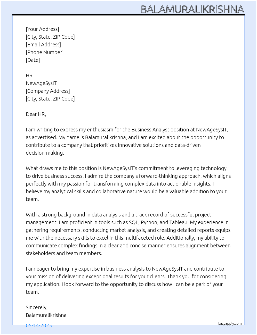 Business Analyst At NewAgeSysIT Cover Letter