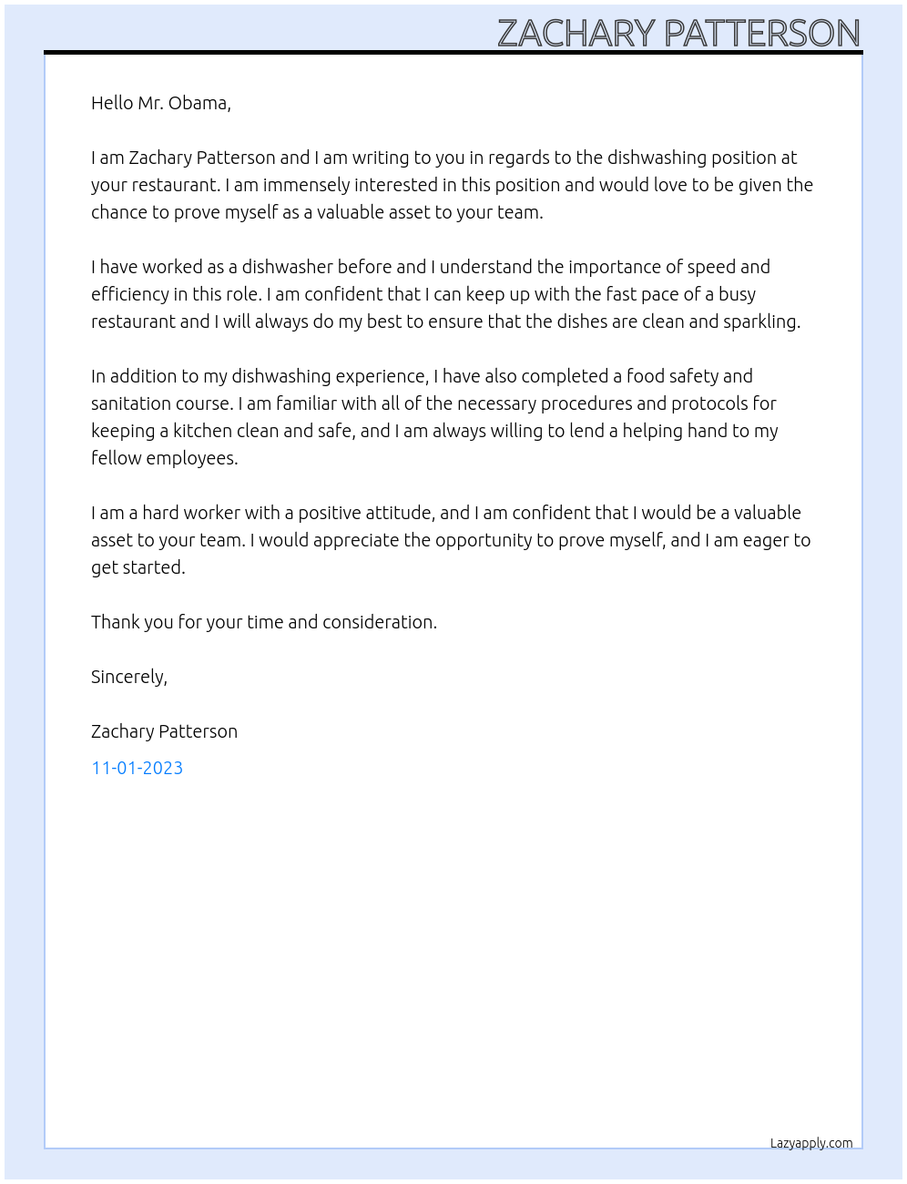 Dishwasher At Restaurant Cover Letter