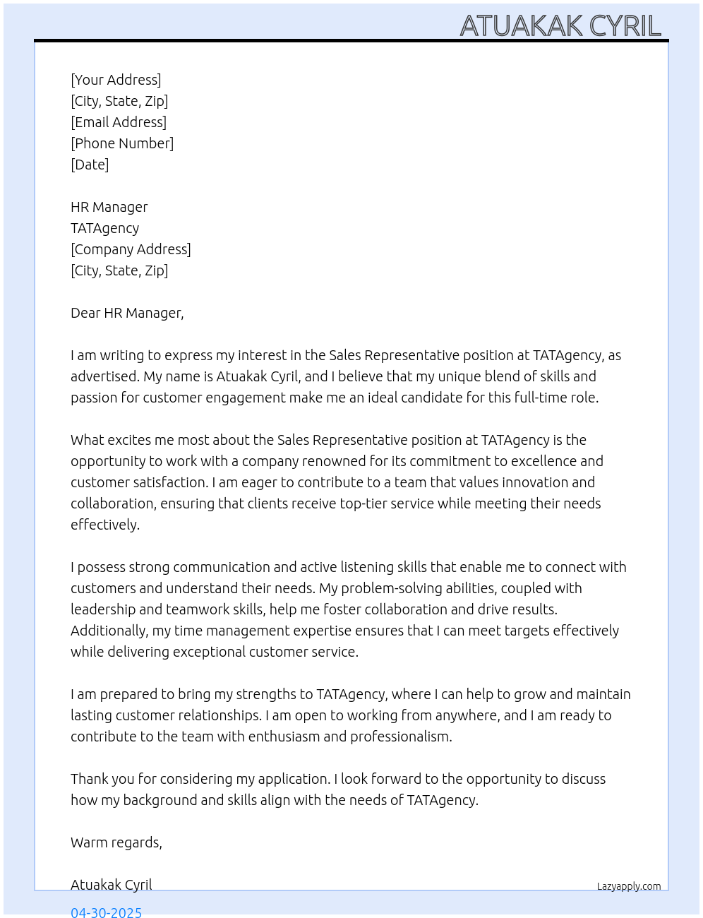 Sales Representative At TATAgency Cover Letter