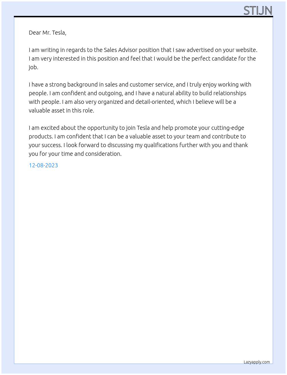 Sales Advisor At Tesla Cover Letter