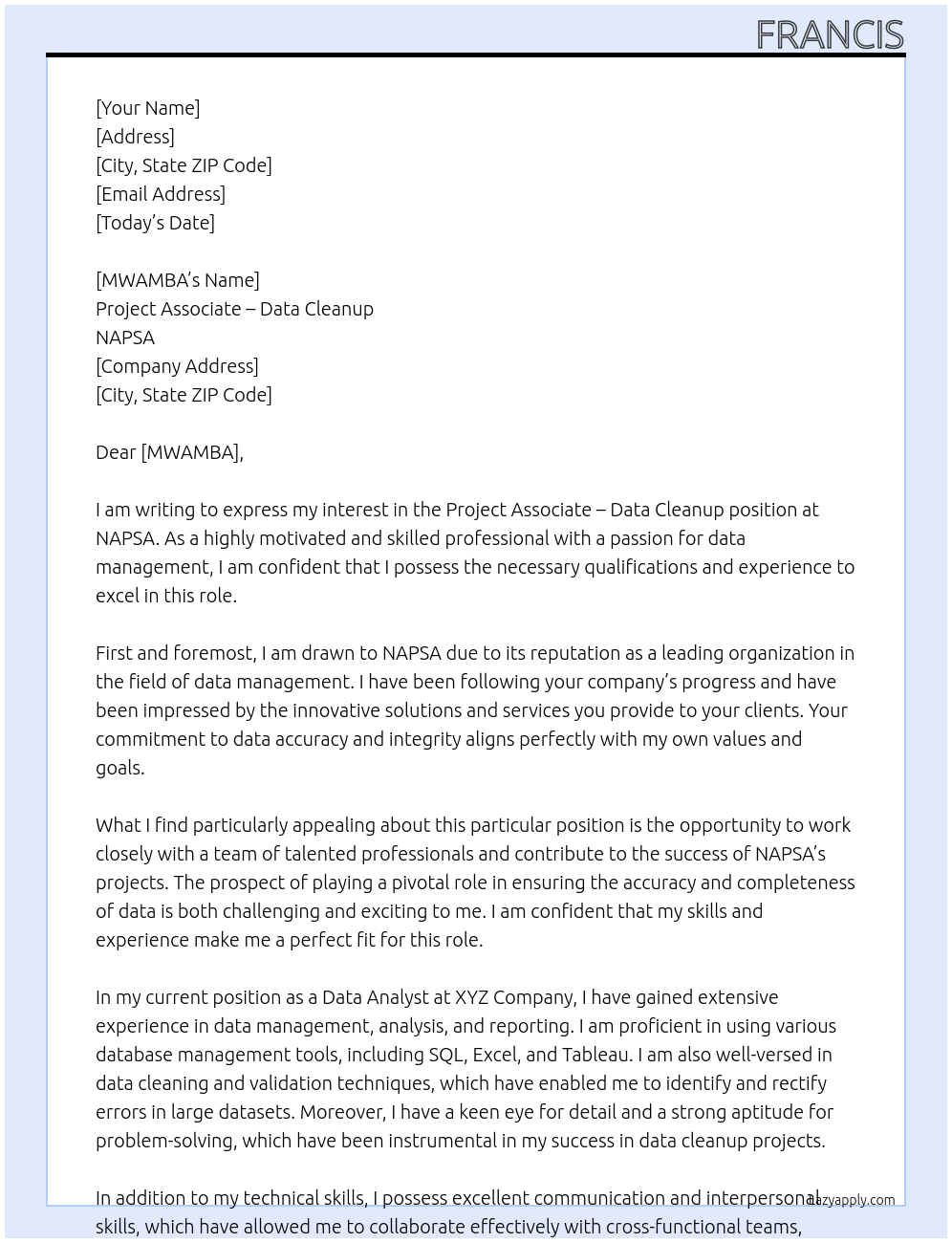 Project Associate – Data Cleanup At NAPSA Cover Letter