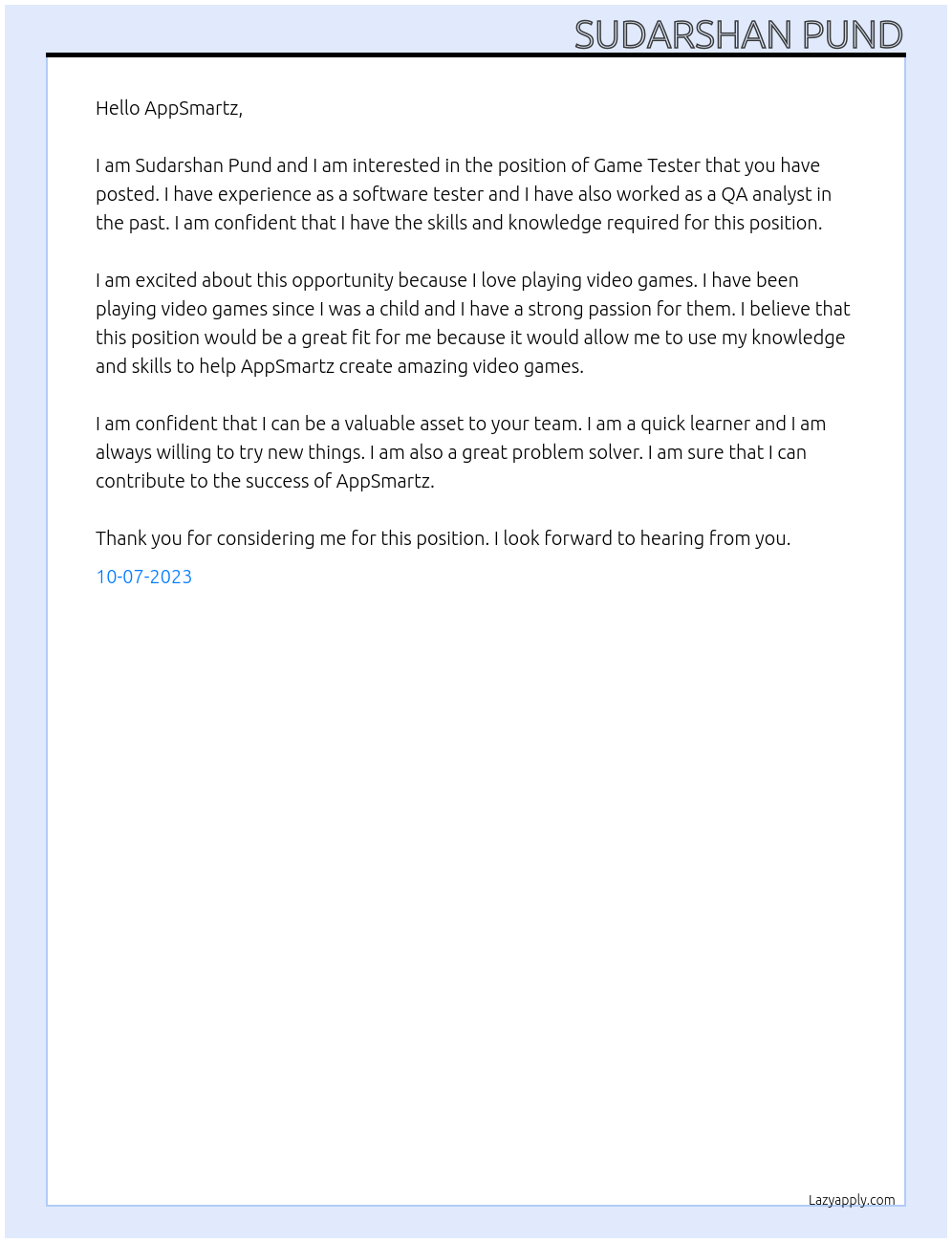 Game Tester At AppSmartz Cover Letter