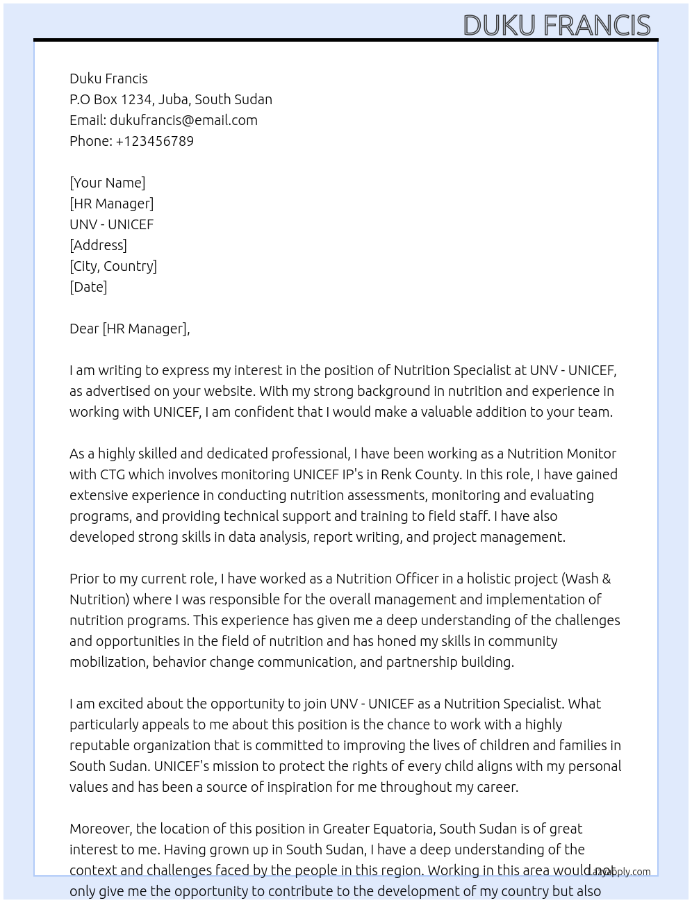 Nutrition specialist  At UNV - UNICEF Cover Letter