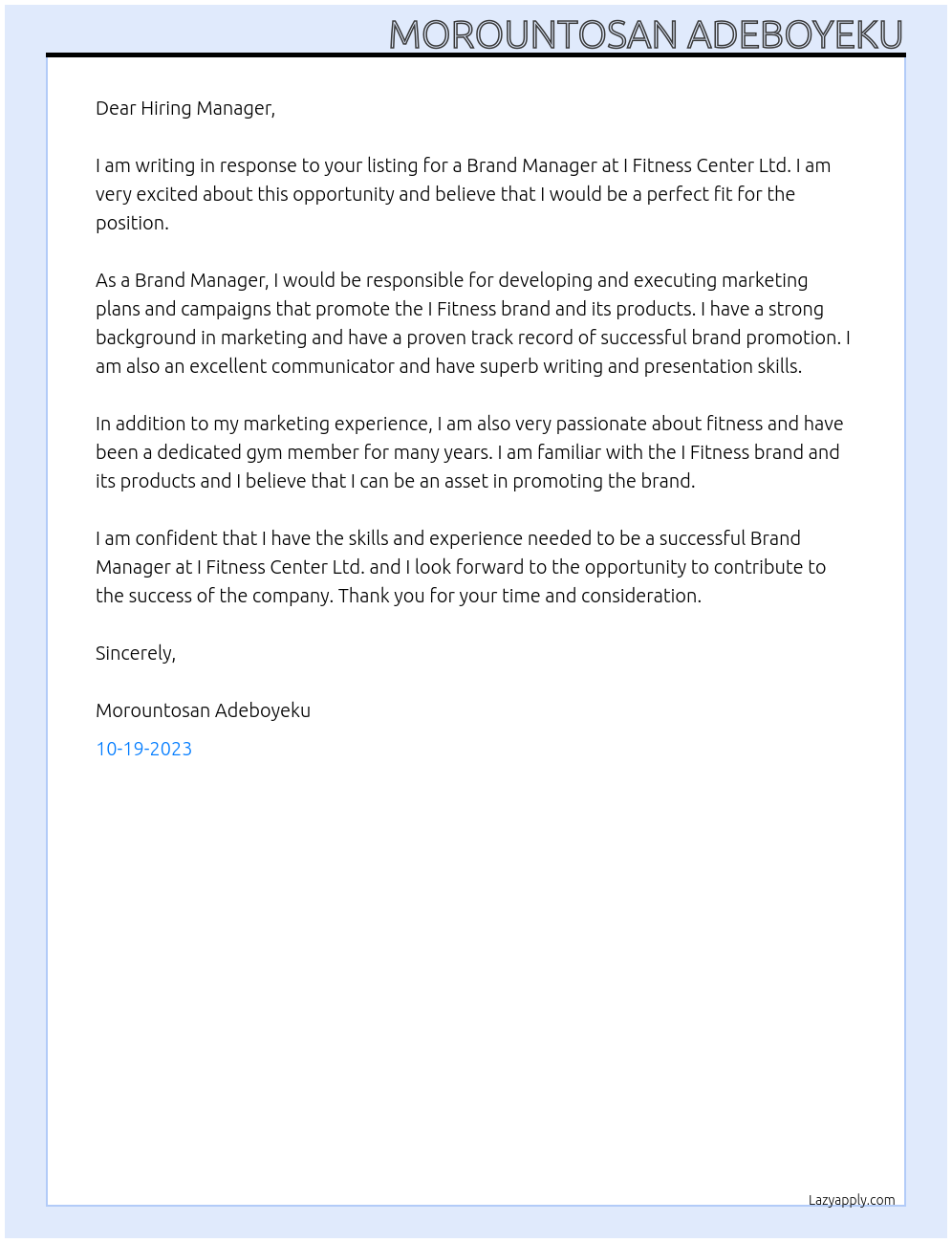 Brand Manager At I Fitness Center Ltd Cover Letter