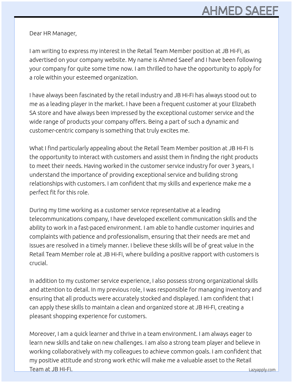 Retail Team Member At JB Hi-Fi Cover Letter