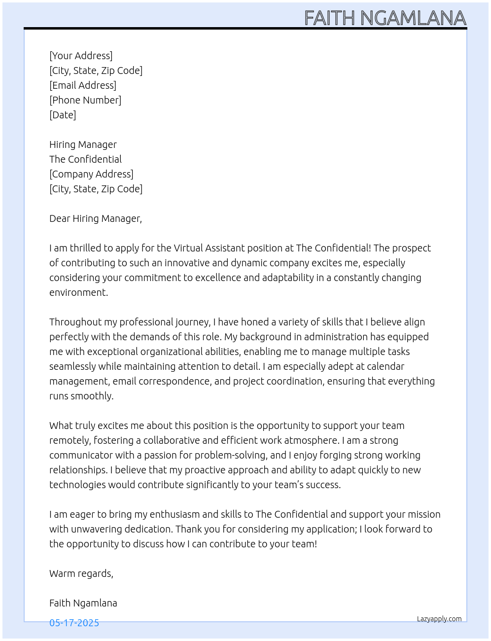 Virtual Assistant At The confidential  Cover Letter