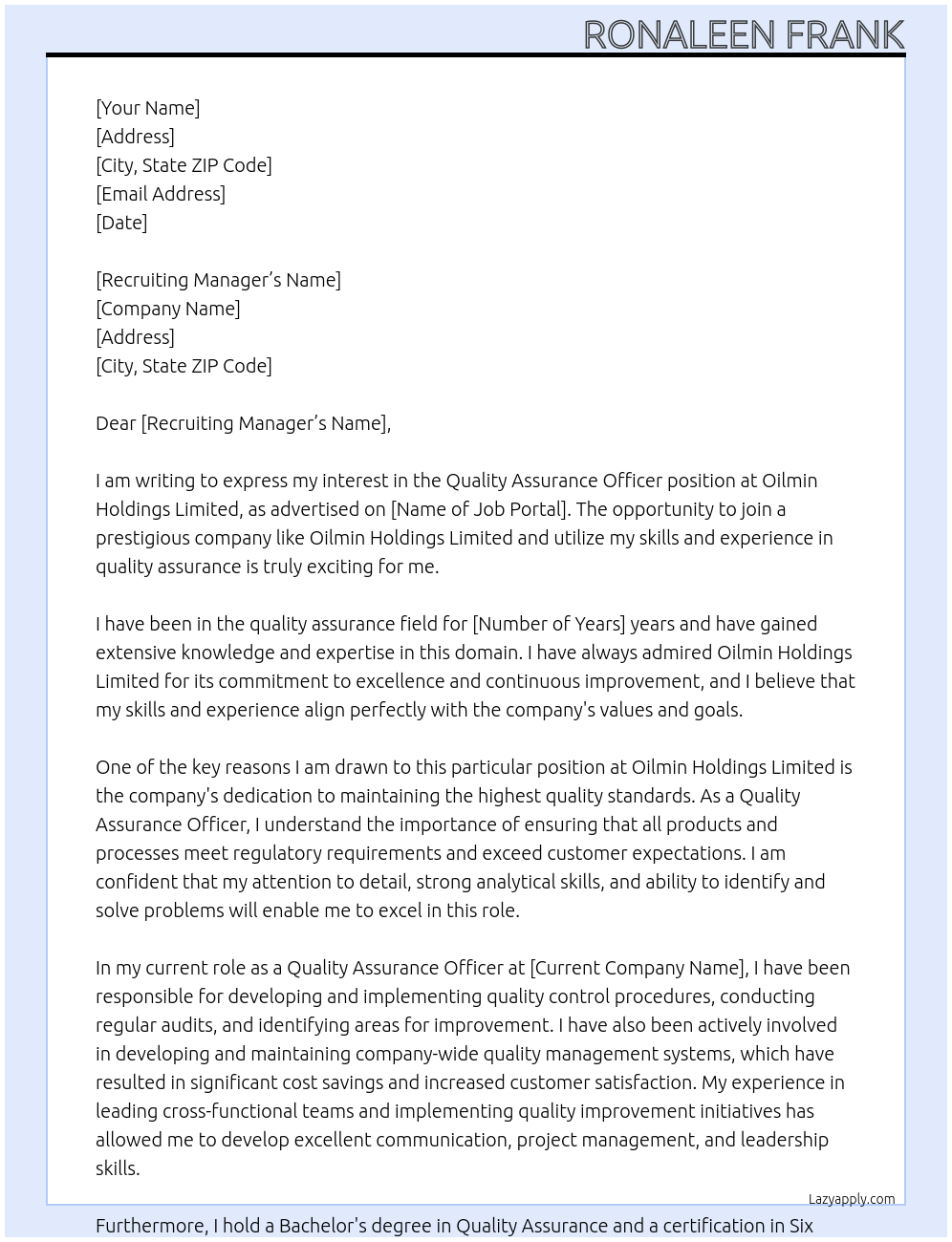 Quality Assurance Officer At Oilmin Holdings Limited Cover Letter