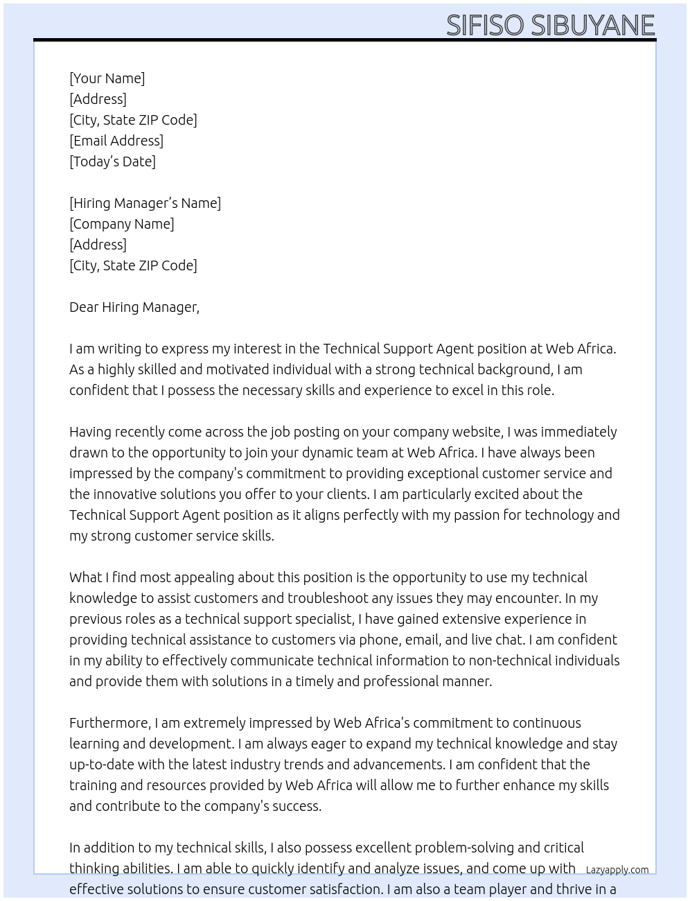 Technical Support Agent At Web Africa Cover Letter